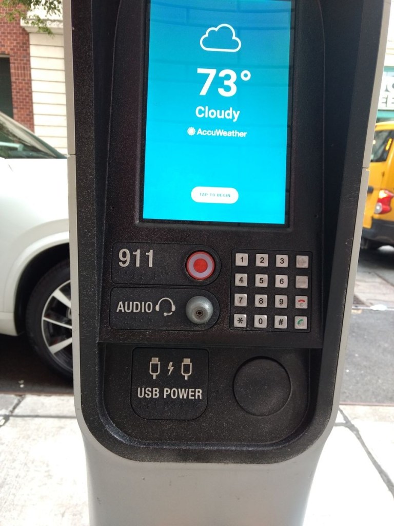 Photo of one of the LinkNYC stations illustrating access to WIWFI in our New York Travel Tips